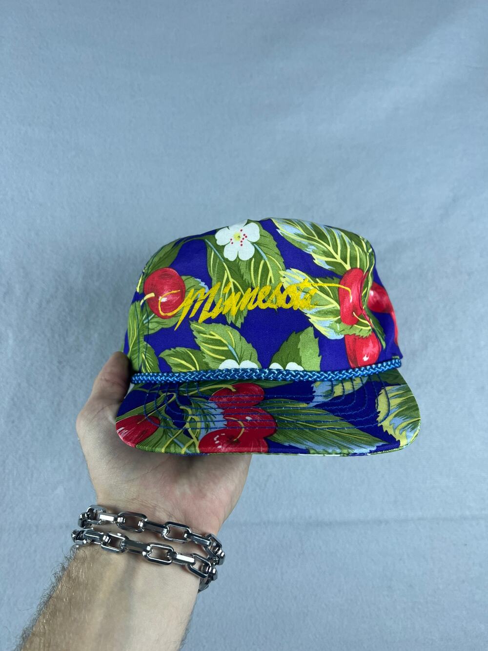 San Sun Snapback Hat Unisex OS Blue All Over Cherry Floral Print Minnesota VTG